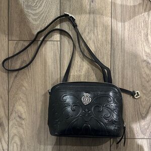 Brighton Alexa Cordoba Black leather fleur de lis embossed Crossbody Bag heart